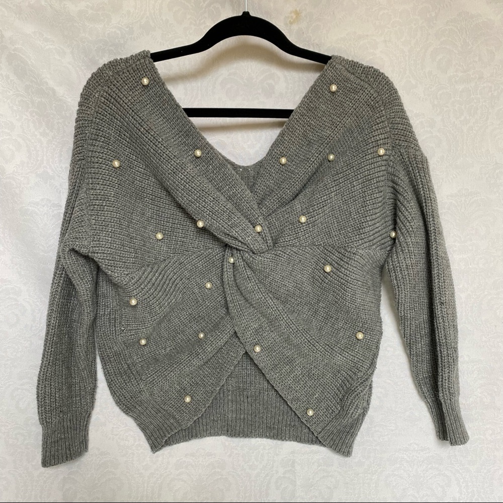 Shein Grey Twist Sweater W/ Pearl Accent, Cropped